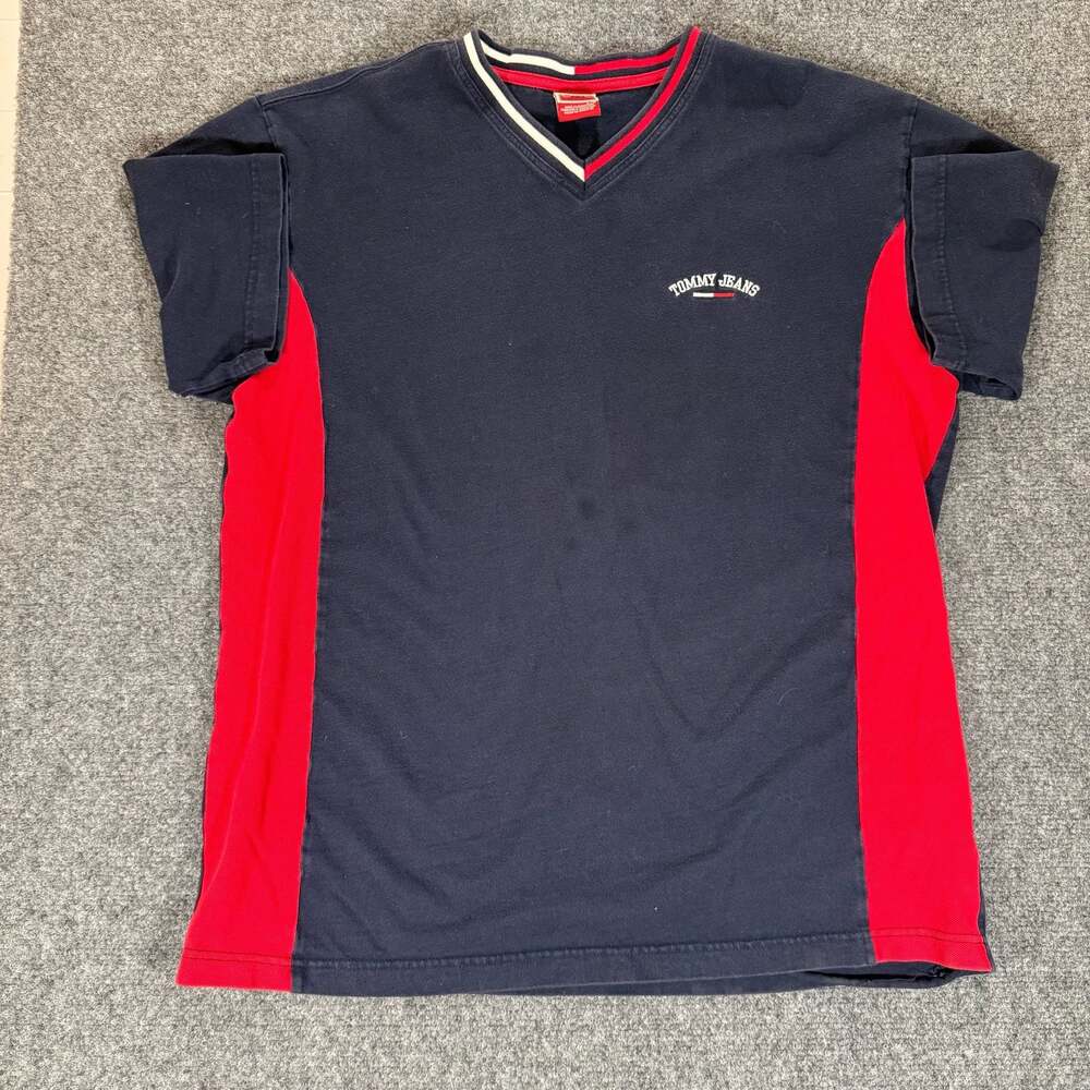 Vintage Tommy Jeans Hilfiger Denim V-Neck Colorblock T-Shirt Size Large